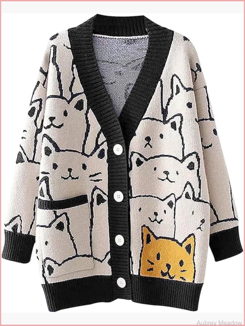 Oversized Cat Cardigan Sweater Kawaii Knit V Neck Long Sleeve Button Down